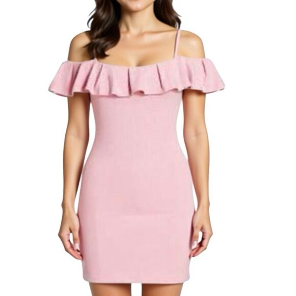 Susan Monaco Pink Ruffle Off Shoulder Bodycon Dress Sz L NWT - Picture 1 of 4
